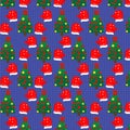 A seamless pattern with New Year trees and mittens on blue background Royalty Free Stock Photo